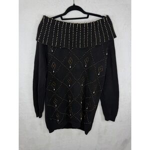 Lindsey Blake‎ Vintage Black Beaded Pearl Off Shoulder Sweater Portrait Collar L